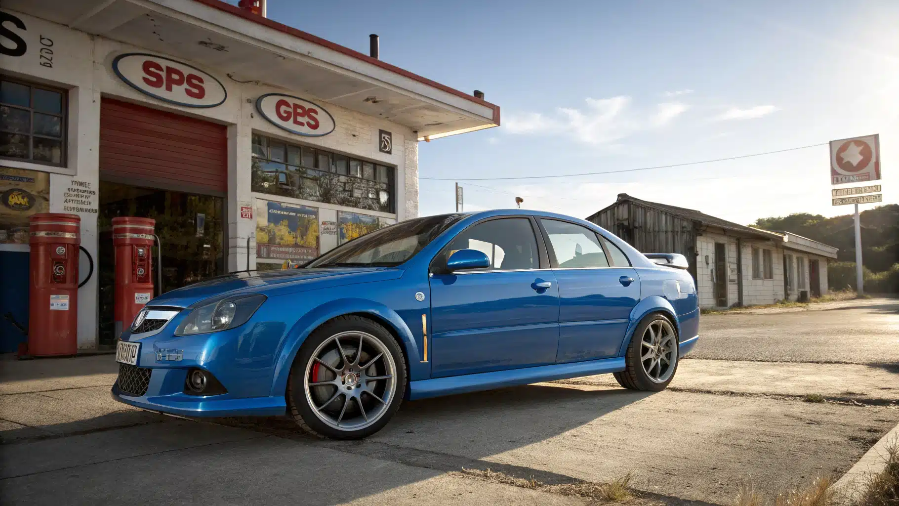 Vectra C OPC bleue ou rouge brillant, mise en valeur sous un ciel ensoleillé, avec un fond de garage automobile ou de parking vintage.