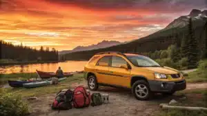 Pontiac Aztek jaune ou orange garée près d’un camping, avec des objets d’aventure comme des canoës, des sacs à dos et un coucher de soleil derrière.