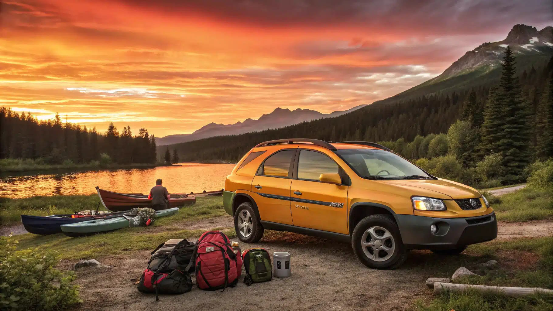 Pontiac Aztek jaune ou orange garée près d’un camping, avec des objets d’aventure comme des canoës, des sacs à dos et un coucher de soleil derrière.