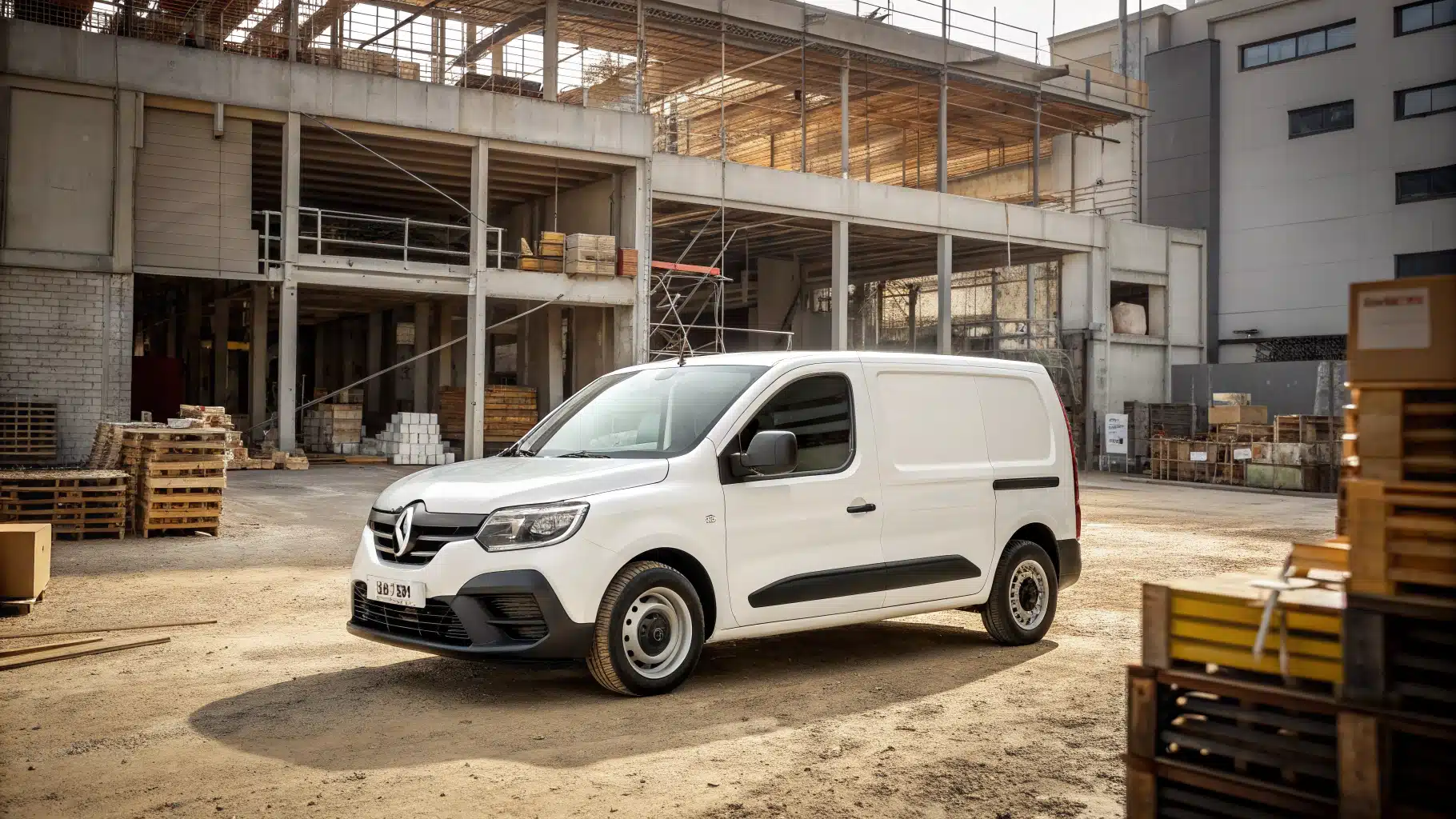 Un Renault Express Van blanc garé devant une zone de chantier ou un entrepôt, accompagné d’outils professionnels ou de boîtes de livraison dans le champ visuel.