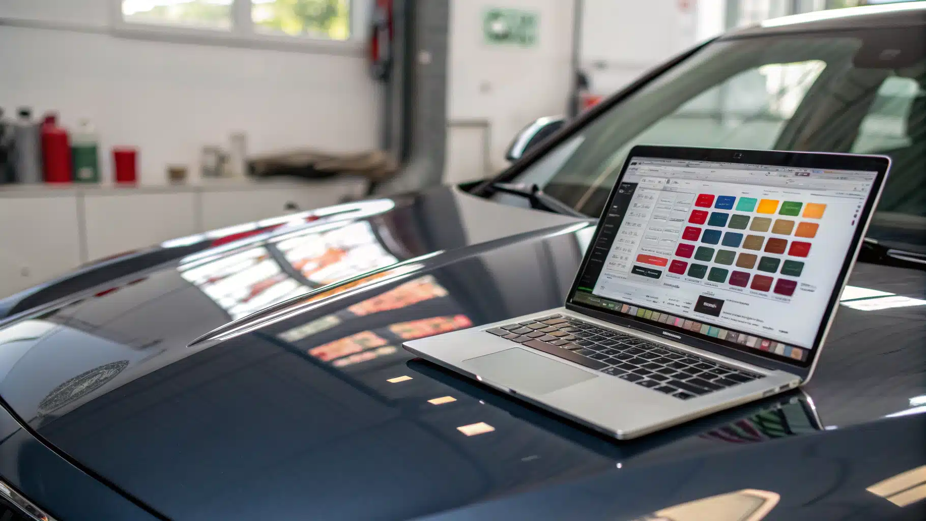 Une palette de couleurs sur fond d’un capot de voiture brillant, avec un ordinateur ouvert affichant un site de recherche de code couleur.