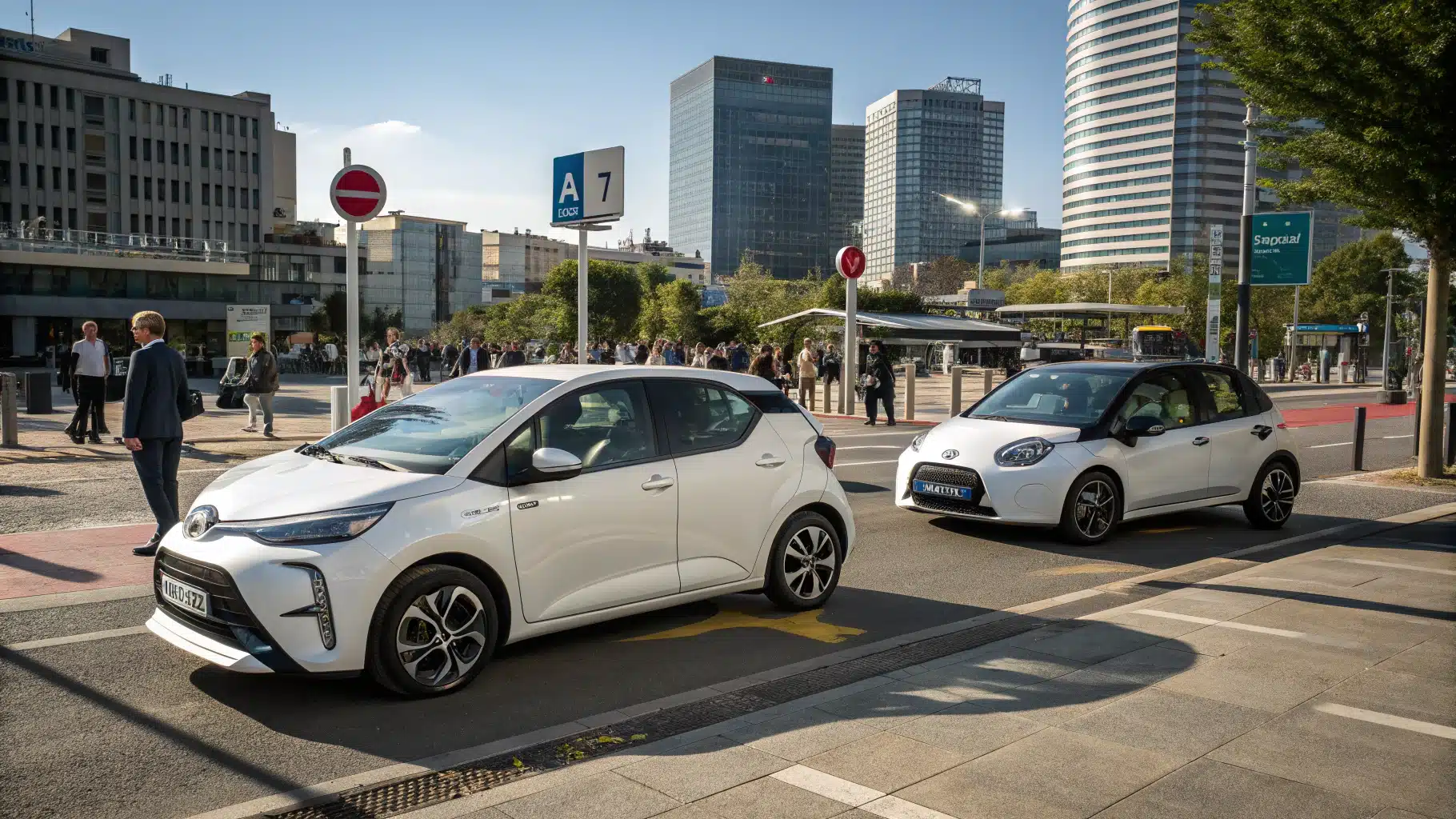 Image de la Citroën C3 essence garée à côté d’un modèle hybride (Toyota Yaris) et d’un modèle électrique (Renault Zoe), sur un parking de centre-ville.