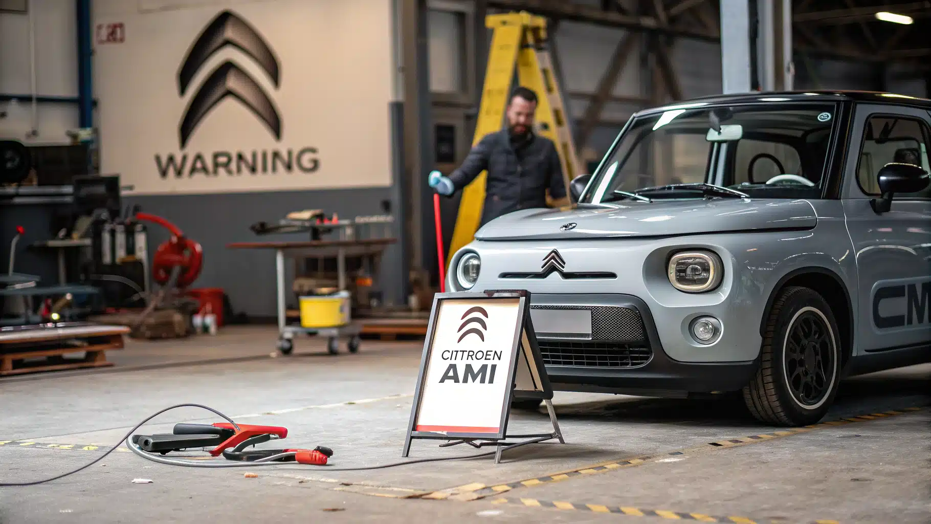 Image d’une Citroën Ami garée avec un panneau « Avertissement », avec des outils et un mécanicien stylisé en arrière-plan, mettant en avant le thème de la modification.