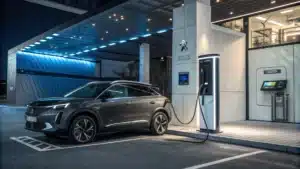 Un Peugeot 3008 GT &eacute;lectrique stationn&eacute; devant une borne de recharge futuriste, avec un tableau affichant les fonctions principales dans une ambiance high-tech.