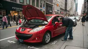 Peugeot 207 RC rouge stationnée dans un environnement urbain, avec un inspecteur automobile ou un particulier étudiant ses détails comme les pneus et le moteur.