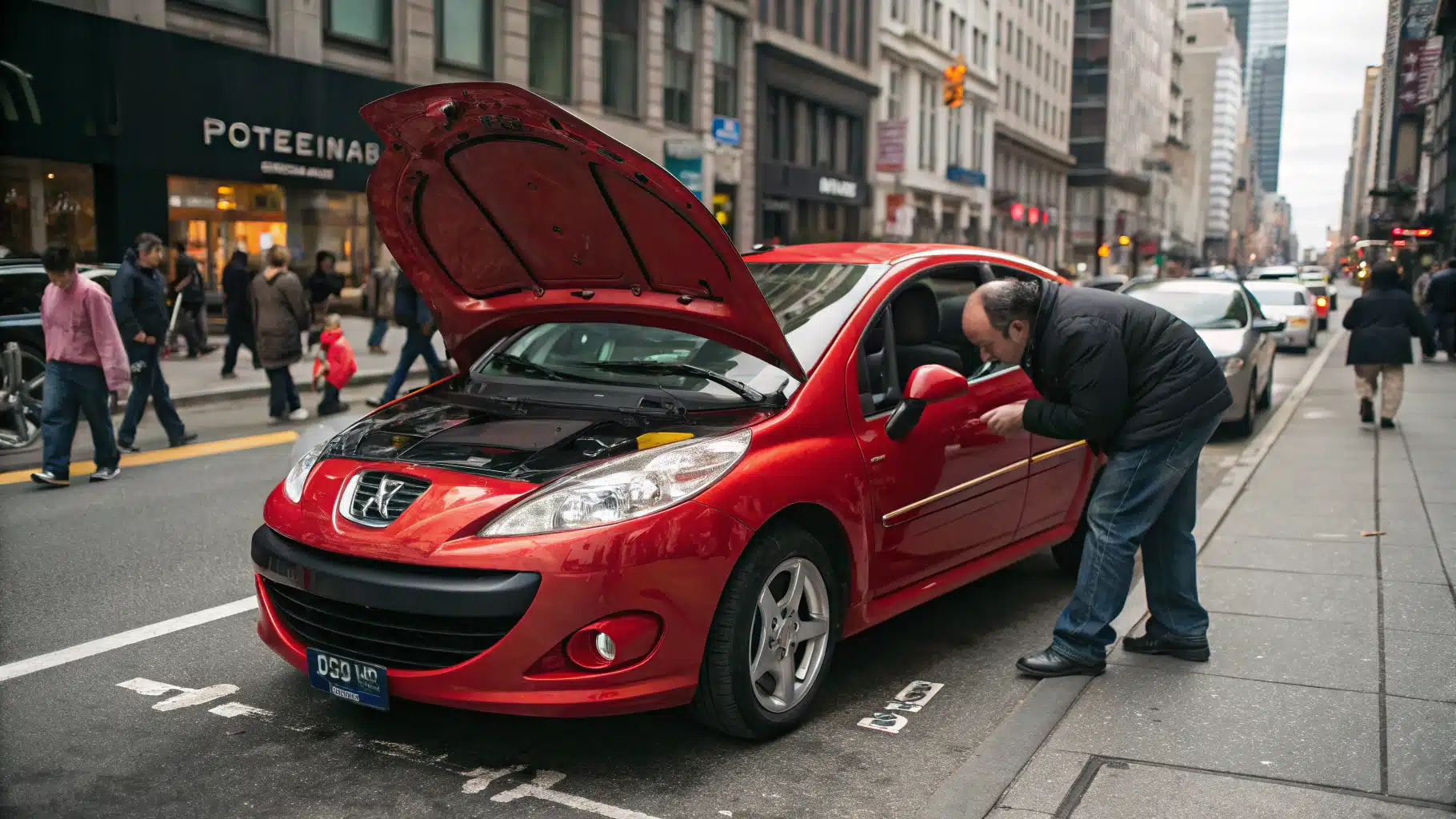 Peugeot 207 RC rouge stationnée dans un environnement urbain, avec un inspecteur automobile ou un particulier étudiant ses détails comme les pneus et le moteur.
