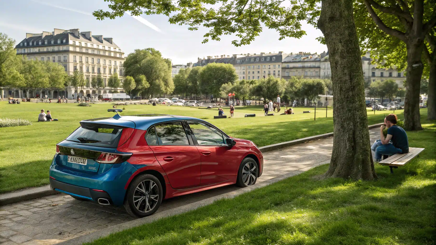 Une Peugeot 208 break de couleur vive (rouge ou bleue) chargée de sacs de sport à l’arrière, stationnée dans un parc vert ou un centre-ville élégant.