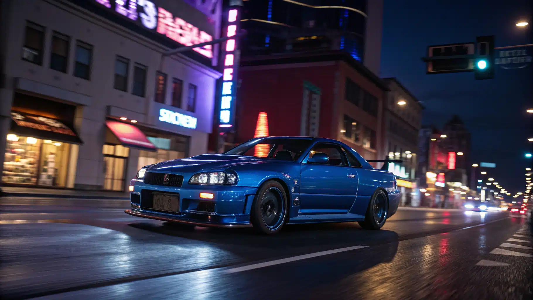 Une Nissan Skyline GTR R34 bleue sur une route éclairée par des néons, avec une ambiance inspirée des films de course urbaine (comme « Fast and Furious »).