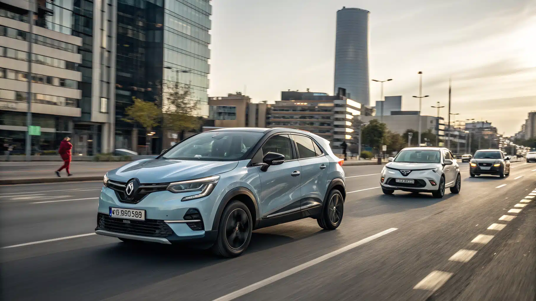 Image d’un Renault Captur Hybride en mouvement sur une route urbaine moderne, avec en arrière-plan des modèles concurrents comme le Toyota C-HR ou le Kia Niro.