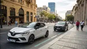 La Renault Clio 5 et la Mitsubishi Colt garées l’une à côté de l’autre dans un centre-ville animé, avec une perspective mettant en avant leur design distinctif.