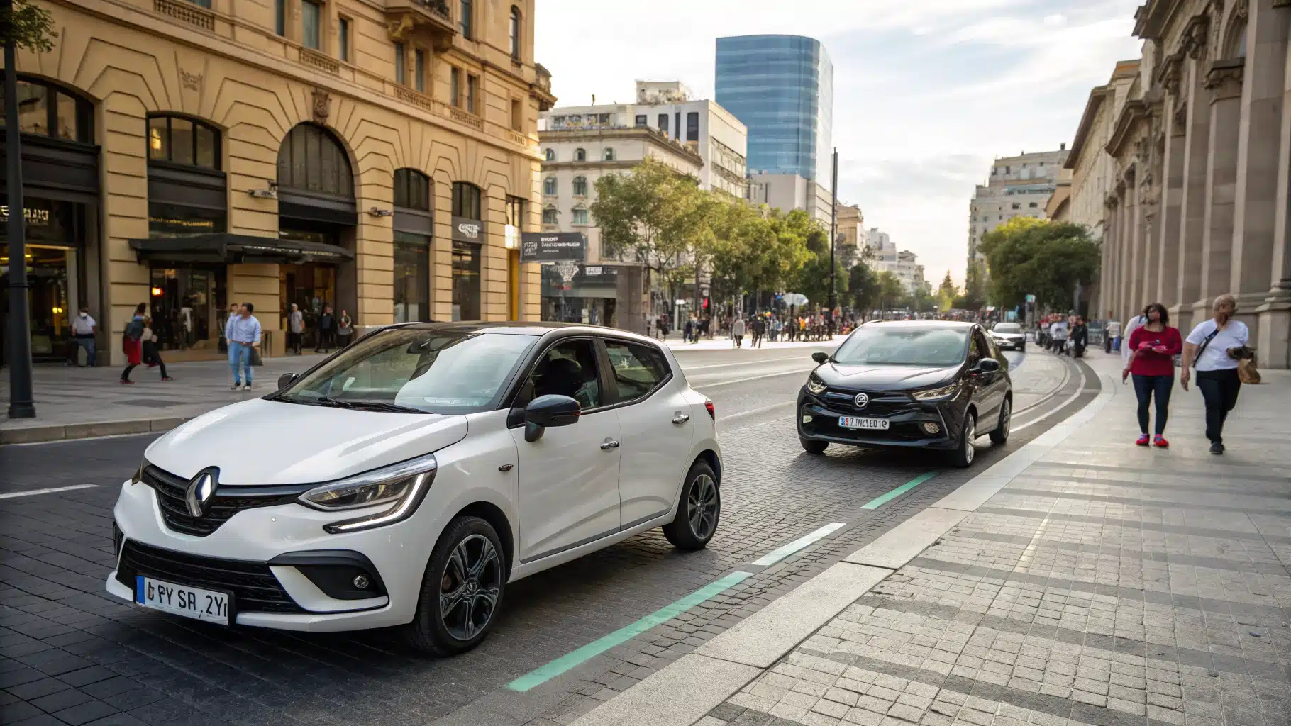 La Renault Clio 5 et la Mitsubishi Colt garées l’une à côté de l’autre dans un centre-ville animé, avec une perspective mettant en avant leur design distinctif.