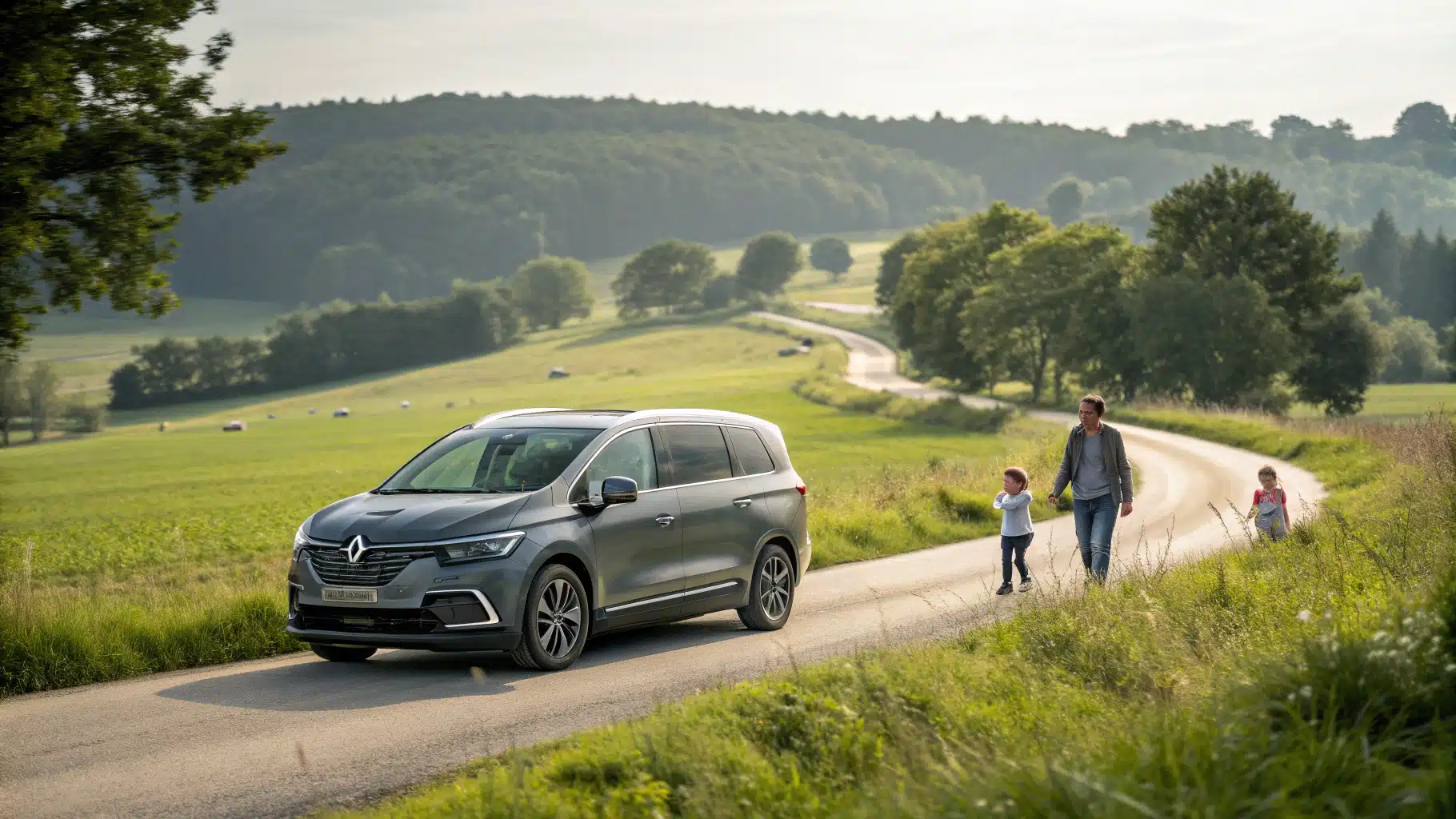 Renault Espace 3 gris ou bleu sur une route de campagne, avec des bagages ou une famille à proximité pour souligner son côté pratique.