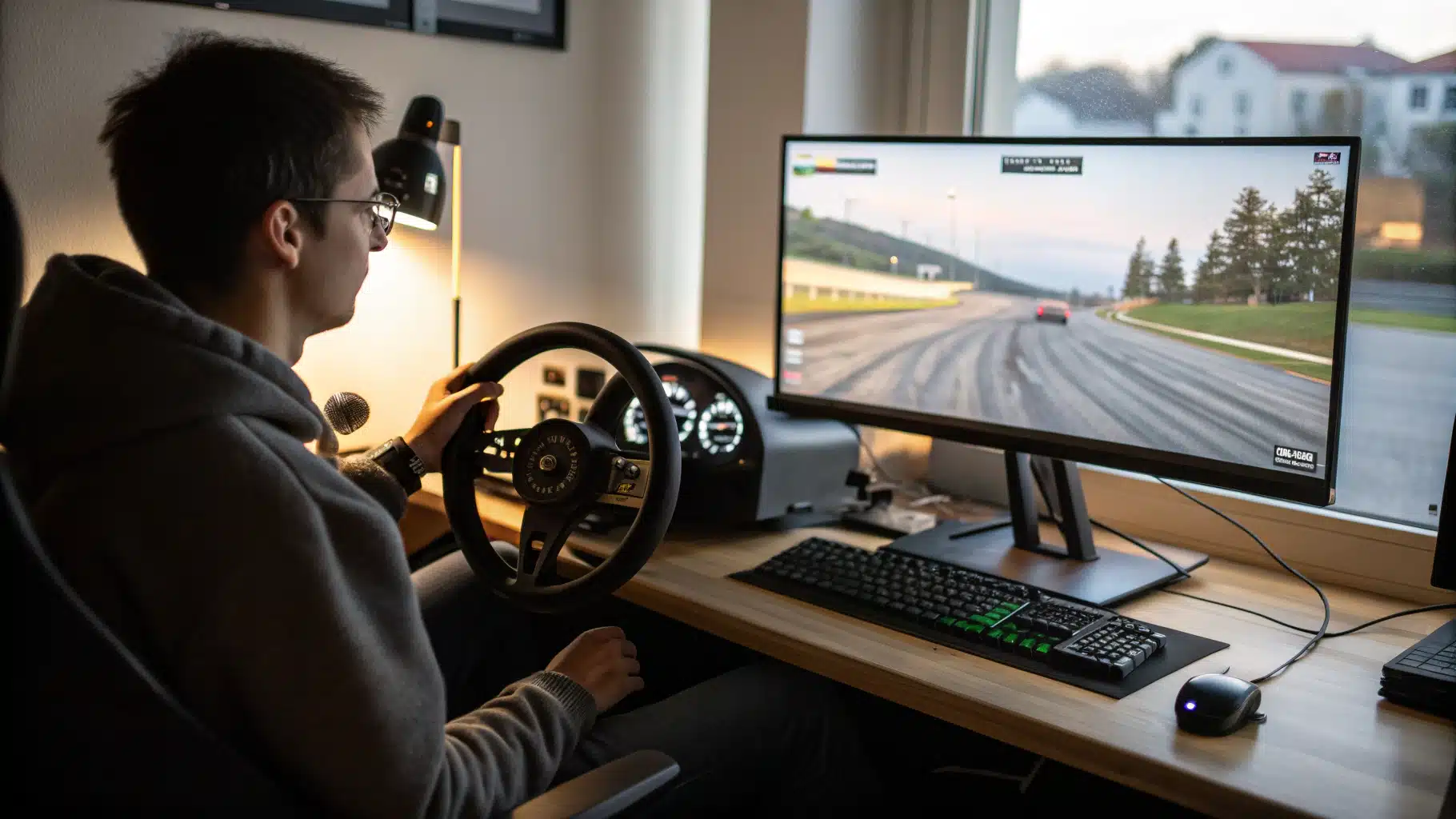 Un écran d’ordinateur affichant un simulateur de conduite réaliste, avec un petit volant posé sur un bureau et un utilisateur concentré devant l’écran.