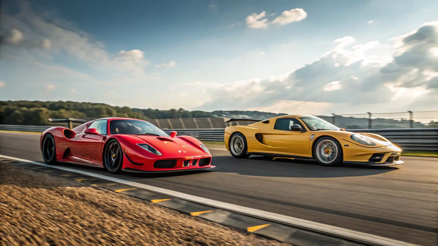 Deux supercars légendaires (Ferrari et Porsche) et l’Ultima GTR côte à côte sur une piste de course, avec une ambiance de vitesse et d’excellence mécanique.