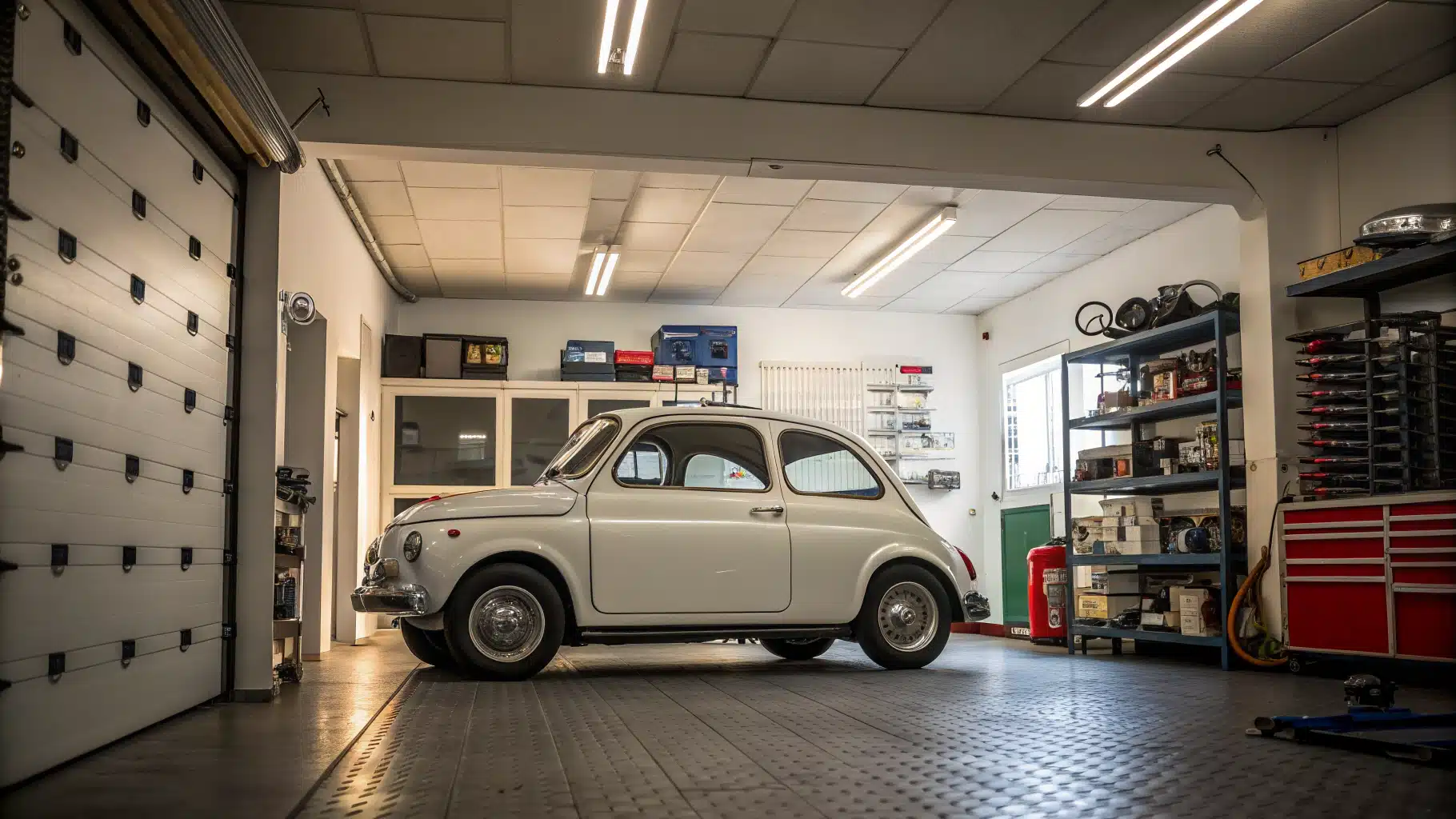 Une Fiat 500 stationnée dans un garage bien rangé, avec des équipements d’entretien visibles autour.