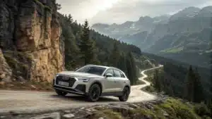 Une Audi Q3 sur une route escarp&eacute;e, avec une moiti&eacute; "essence" et une moiti&eacute; "diesel" surimpos&eacute;e sur le mod&egrave;le.