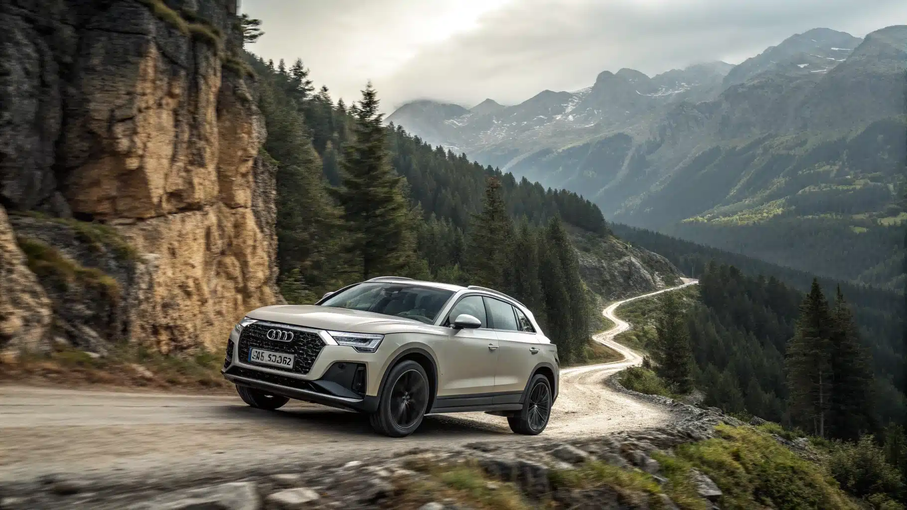 Une Audi Q3 sur une route escarpée, avec une moitié "essence" et une moitié "diesel" surimposée sur le modèle.