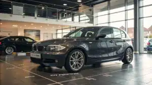 Une BMW S&eacute;rie 1 E87 gar&eacute;e dans une concession, avec des annotations "points faibles" affich&eacute;es clairement.