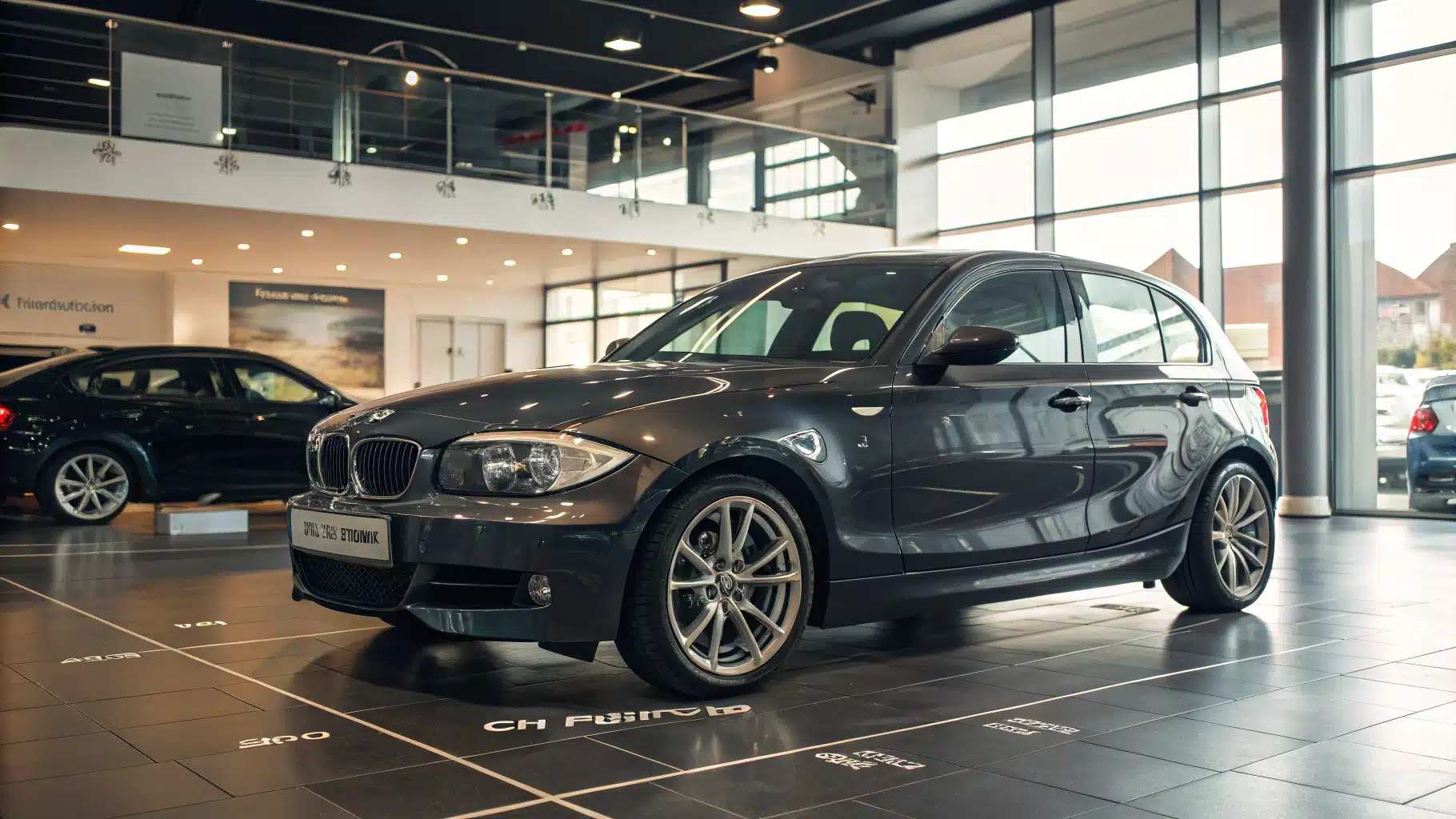 Une BMW Série 1 E87 garée dans une concession, avec des annotations "points faibles" affichées clairement.
