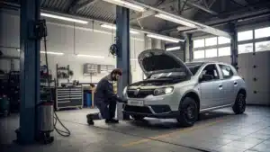 Une Dacia Sandero dans un garage avec un technicien inspectant les freins ou le moteur.