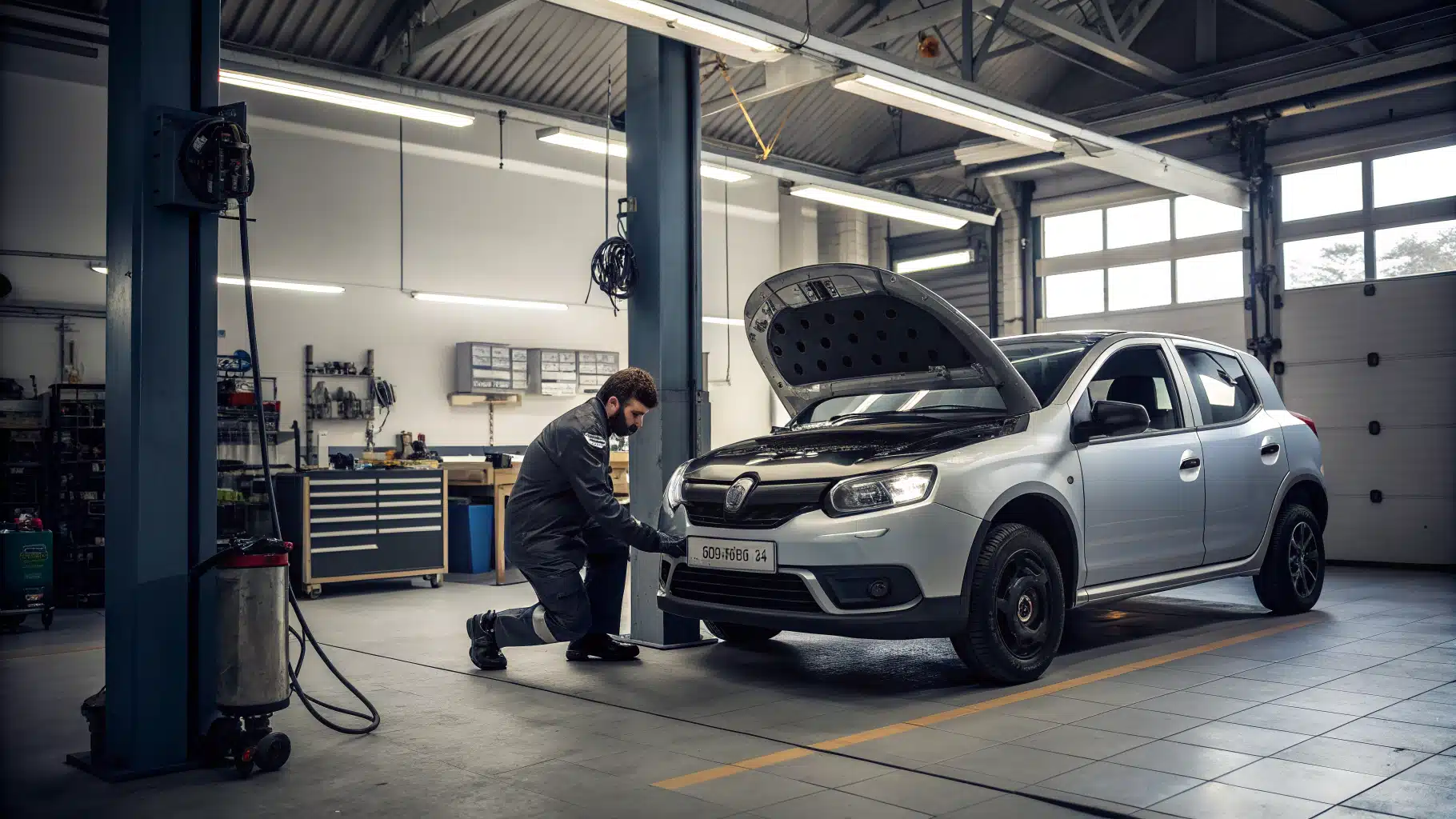 Une Dacia Sandero dans un garage avec un technicien inspectant les freins ou le moteur.