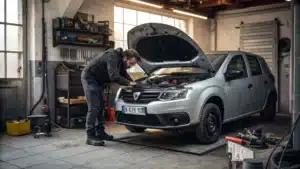 Une Dacia Logan dans un garage avec un technicien inspectant le d&eacute;marreur d&eacute;mont&eacute;.