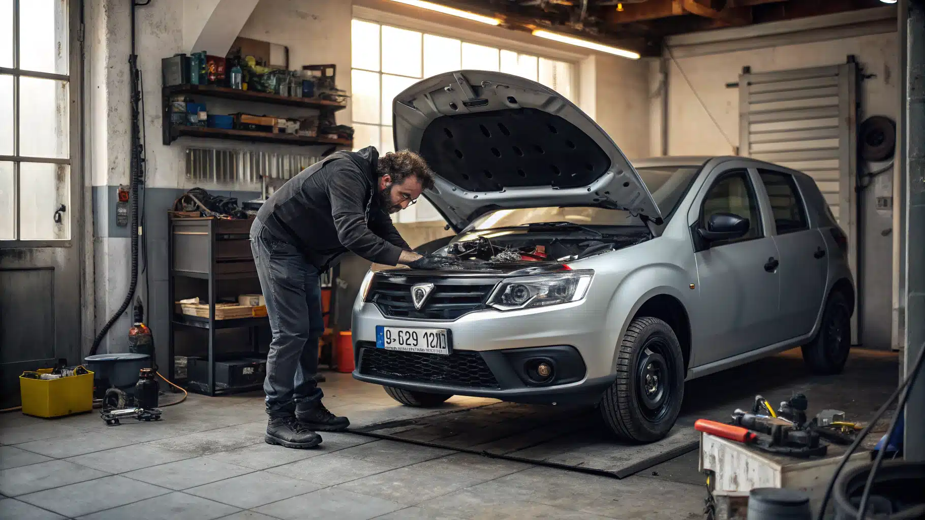 Une Dacia Logan dans un garage avec un technicien inspectant le démarreur démonté.