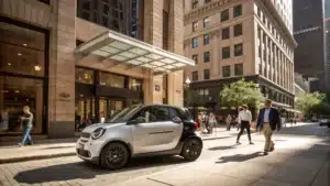 Une voiture citadine essence dans un environnement urbain, stationn&eacute;e devant un bureau anim&eacute;.