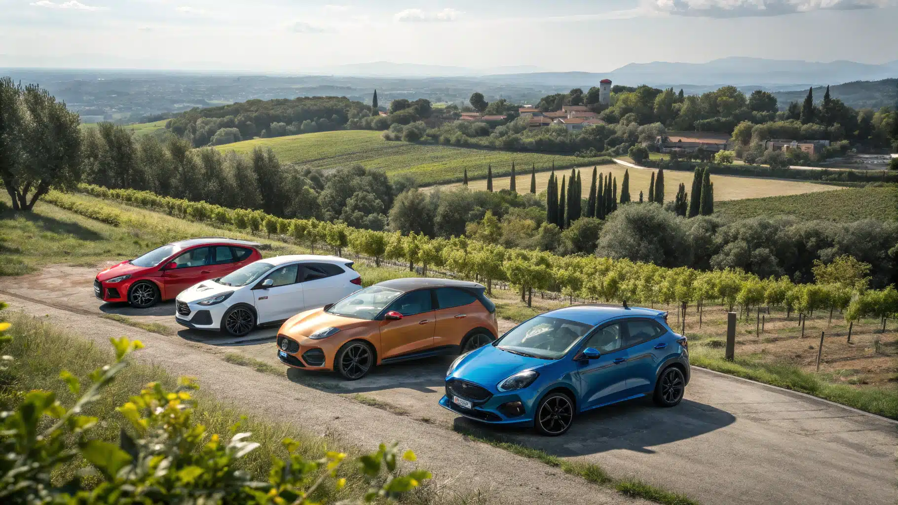 Une gamme avec plusieurs Ford Puma de différentes couleurs et silhouettes dans un même décor.