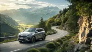 Un Kia Sportage roulant sur une route montagneuse avec des paysages naturels en arrière-plan.