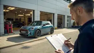 Une Mini Cooper stationnée devant un atelier moderne, avec un technicien tenant un carnet de conseils.