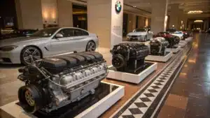 Illustration montrant une ligne de moteurs BMW entourés de références haut de gamme.
