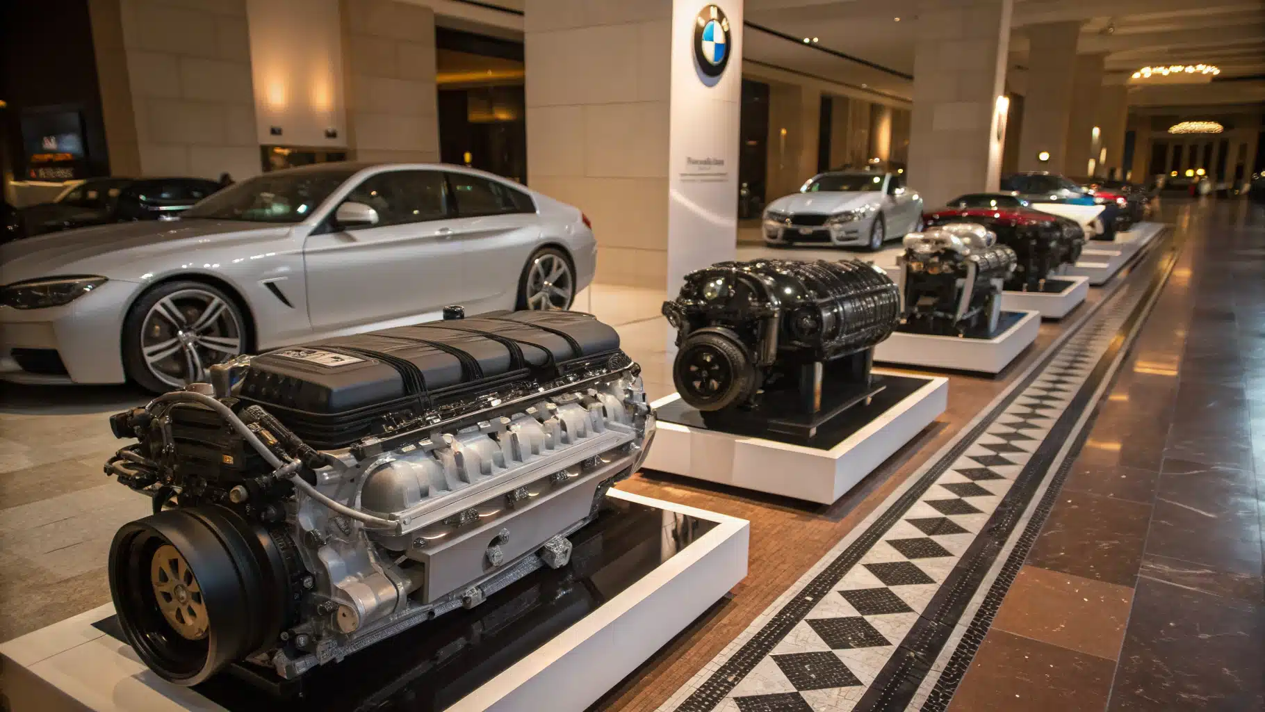 Illustration montrant une ligne de moteurs BMW entourés de références haut de gamme.