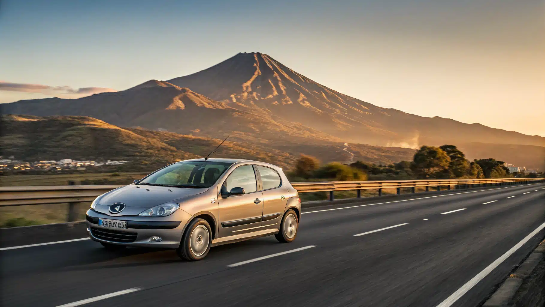 Une Peugeot 206 roulant sur une autoroute avec une montagne en arrière-plan (symbolisant voyage et fiabilité).