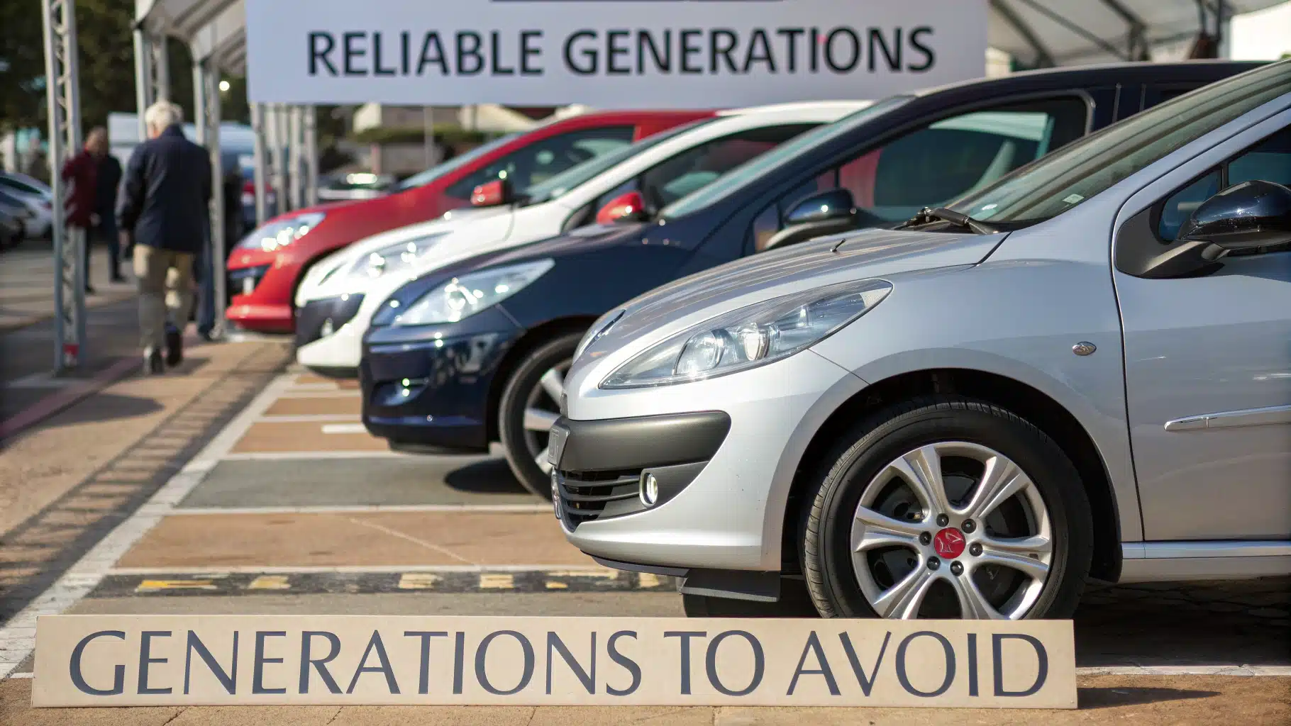 Plusieurs Peugeot 207 alignées avec un panneau indiquant les générations "fiables" et "à éviter".