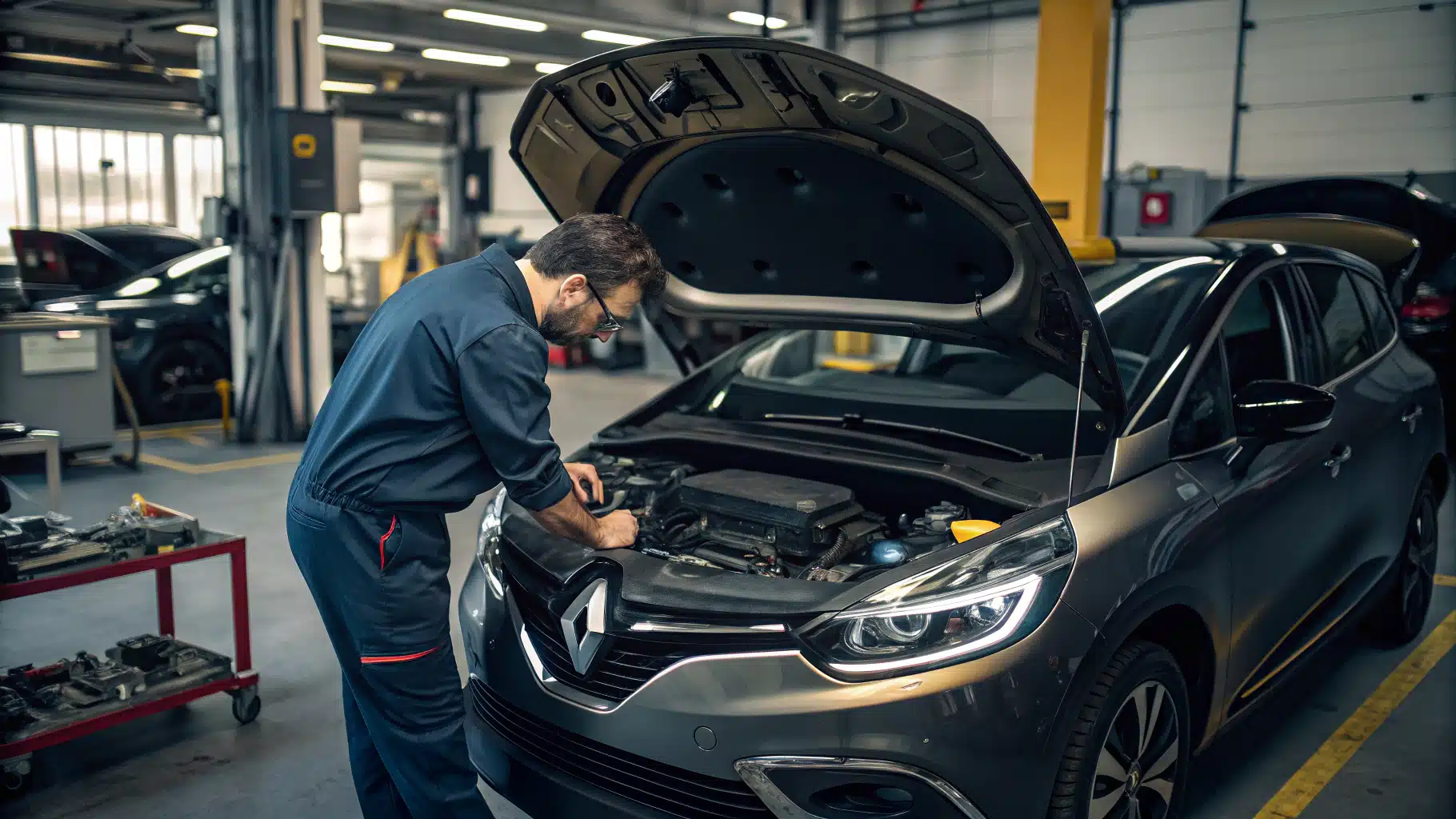 Afficher une voiture Renault Scenic 4 dans un atelier mécanique avec un technicien examinant le moteur.