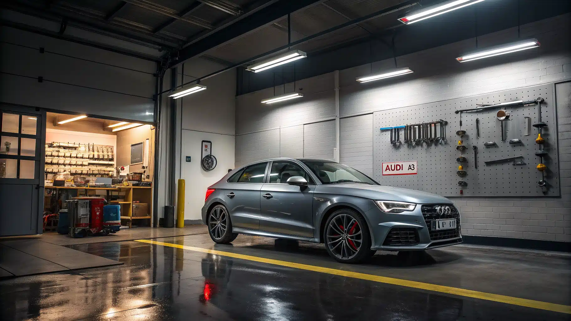 Audi A3 avec un panneau d'avertissement et mise en situation dans un garage.