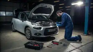 Un Citro&euml;n C4 Picasso avec le capot ouvert, entour&eacute; d&rsquo;outils et d&rsquo;un m&eacute;canicien examinant le moteur.