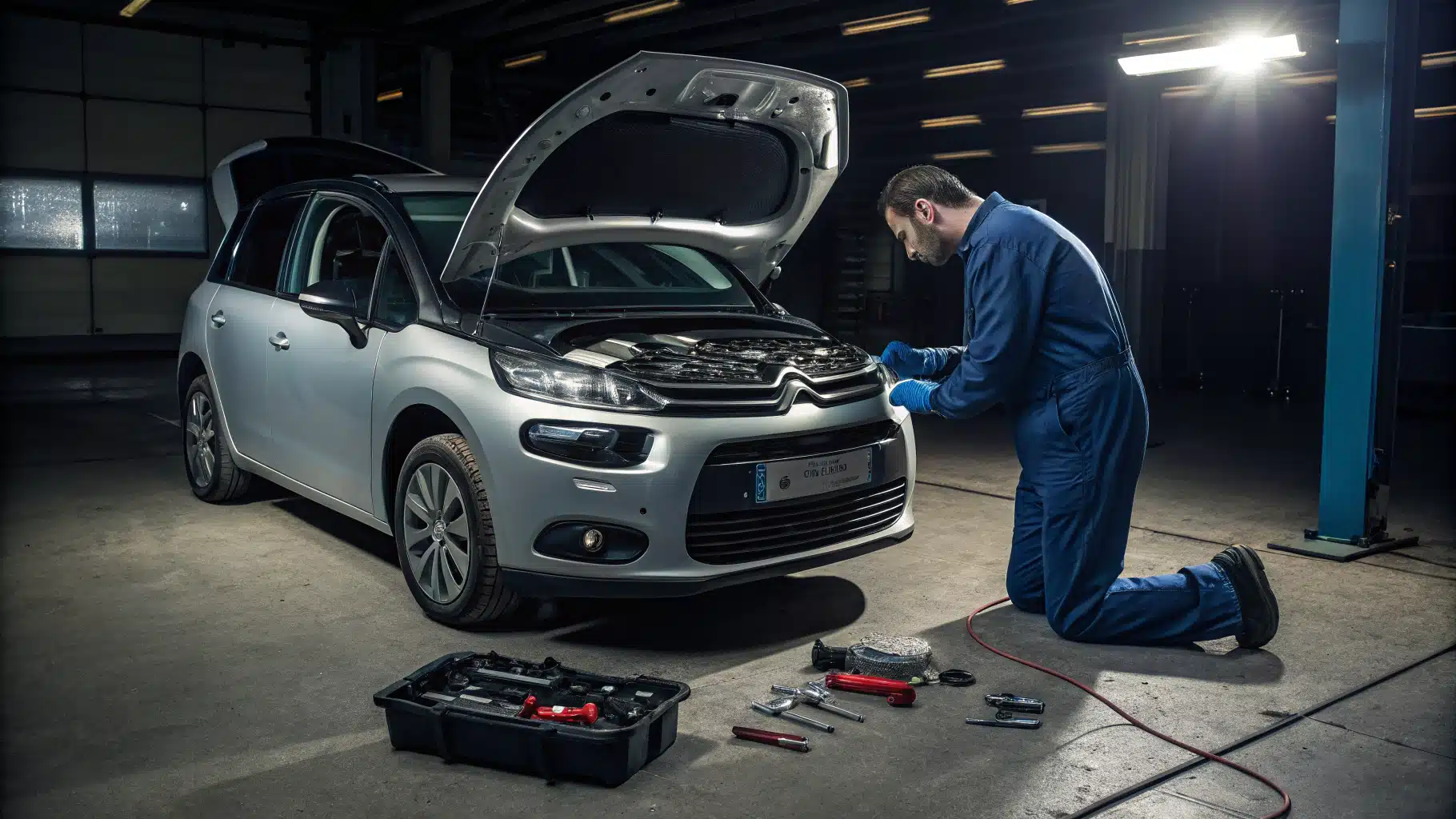 Un Citroën C4 Picasso avec le capot ouvert, entouré d’outils et d’un mécanicien examinant le moteur.