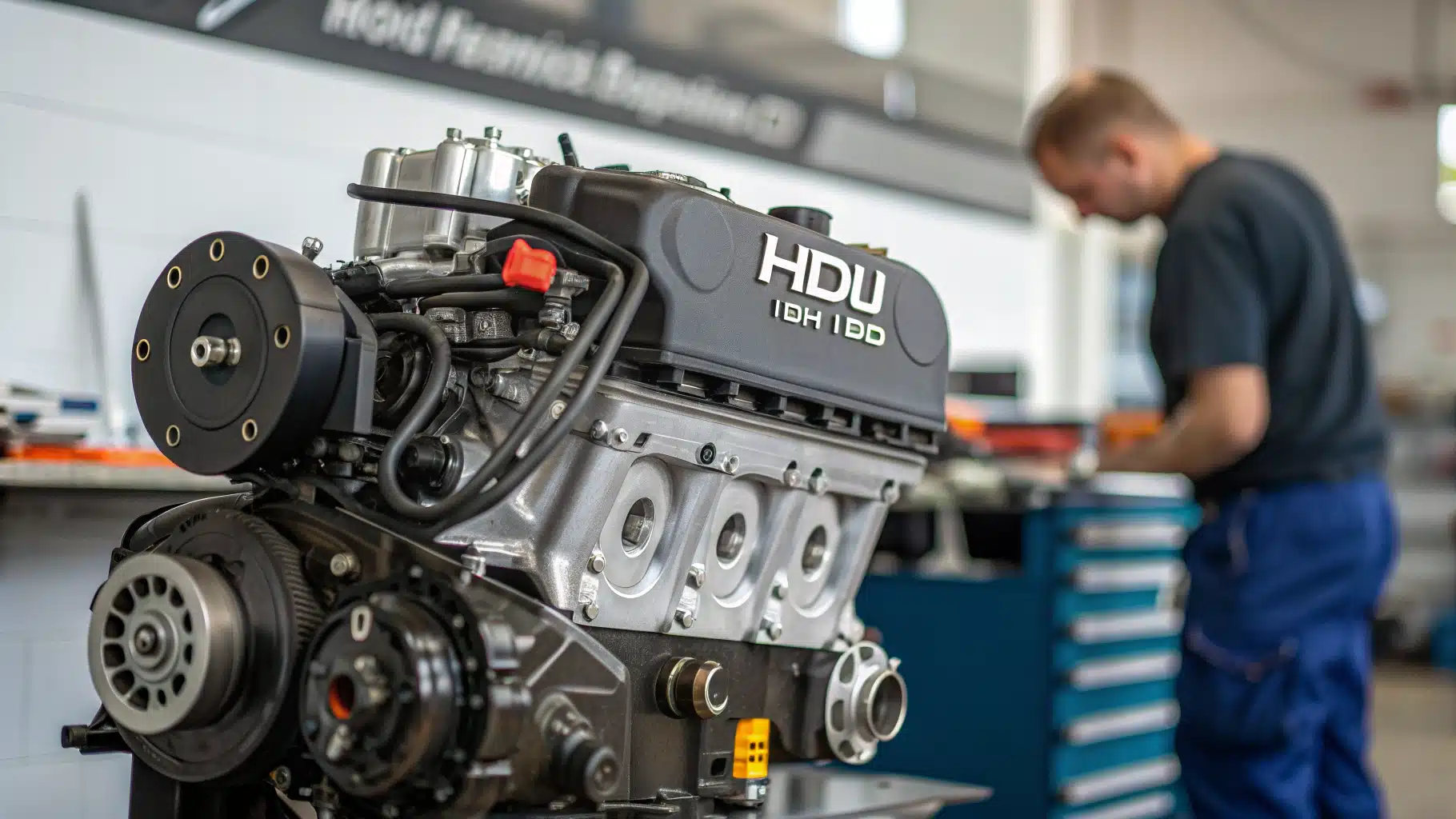 Un moteur HDi 120 en gros plan, avec des outils et un technicien en arrière-plan.