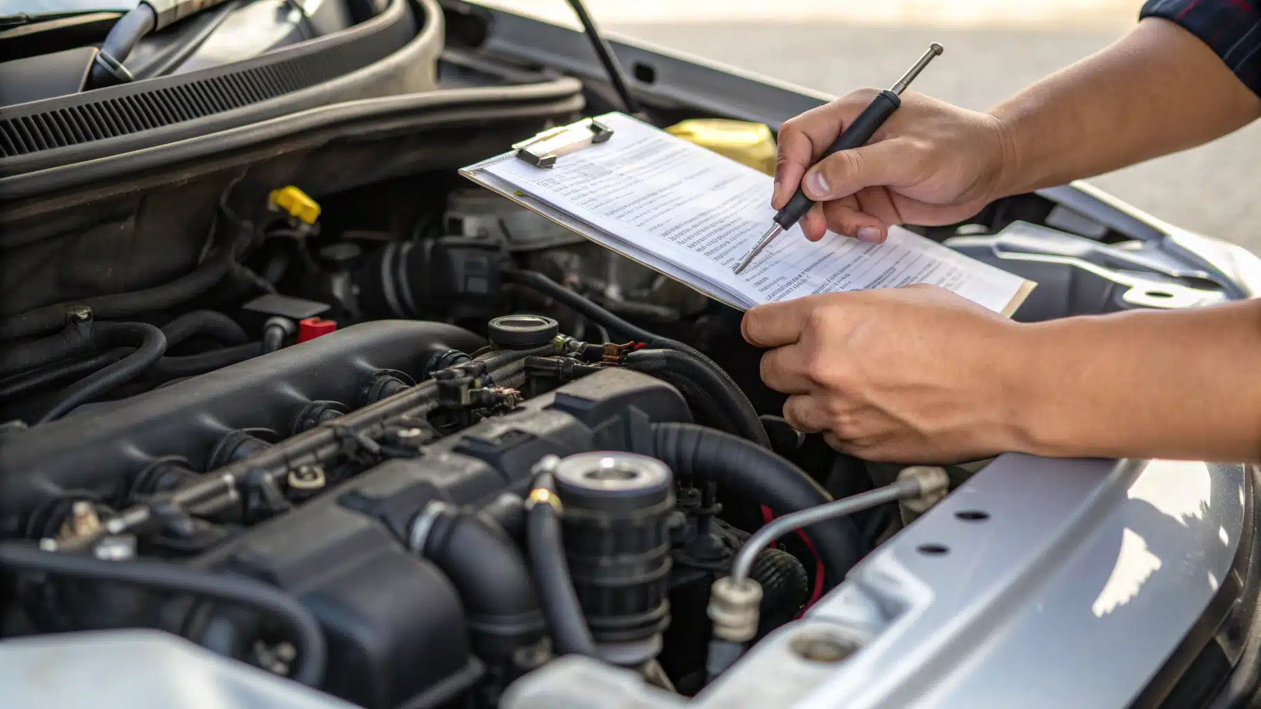 Zoom sur des mains inspectant un moteur de Clio, avec des papiers de diagnostic visibles.