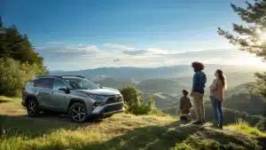 Une voiture Toyota RAV4 mont&eacute;e au sommet d'une colline, avec une famille admirant le paysage.