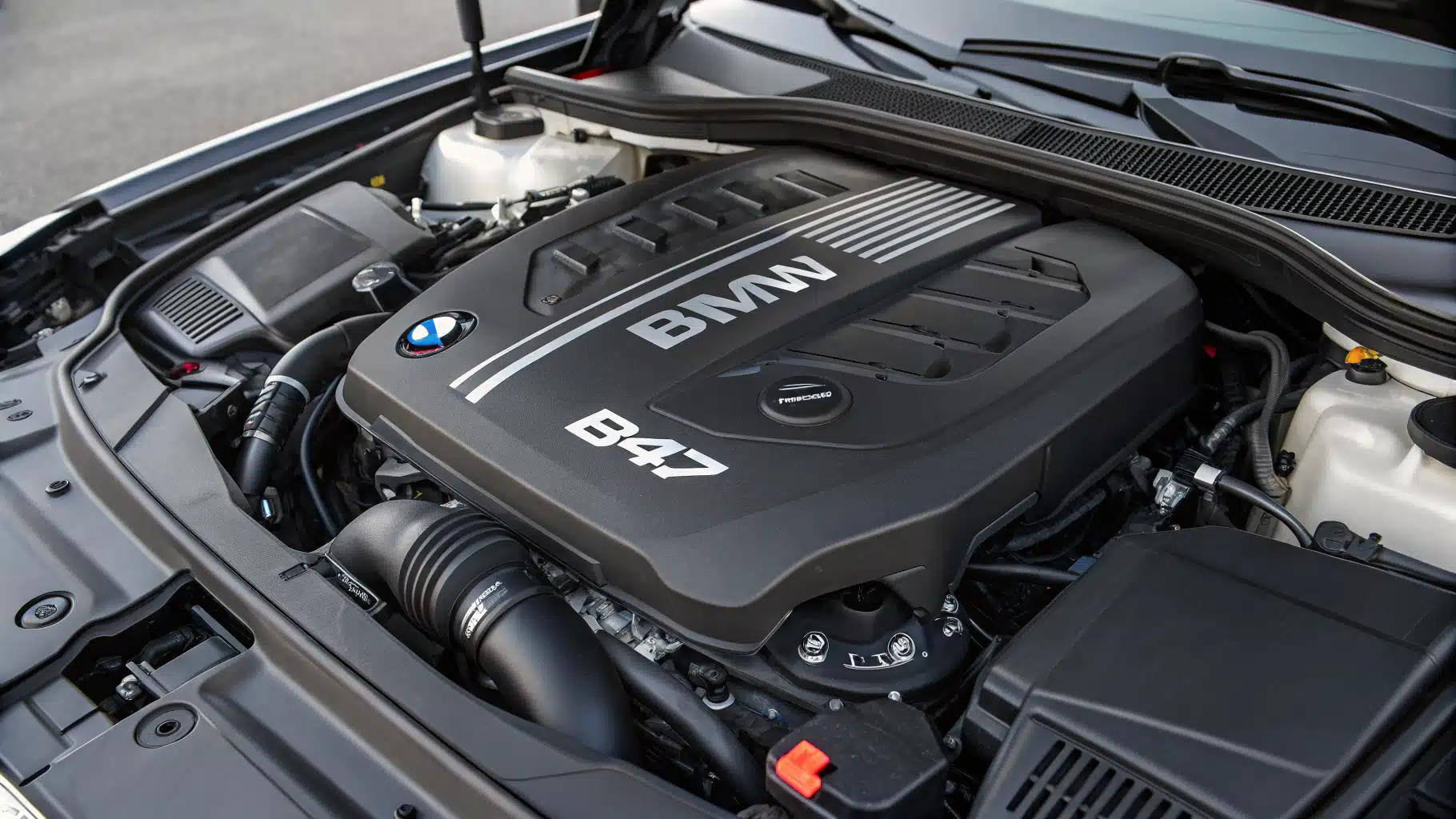 Illustration d'une BMW récente avec focus sur le moteur B47 et label de fiabilité.
